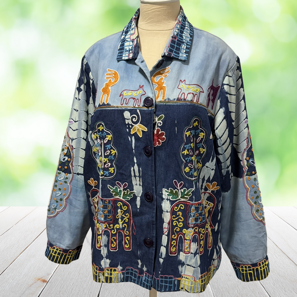 Vintage MADISON STUDIO Artwear Jacket Embroidered Elephant Boho India Plus 1X